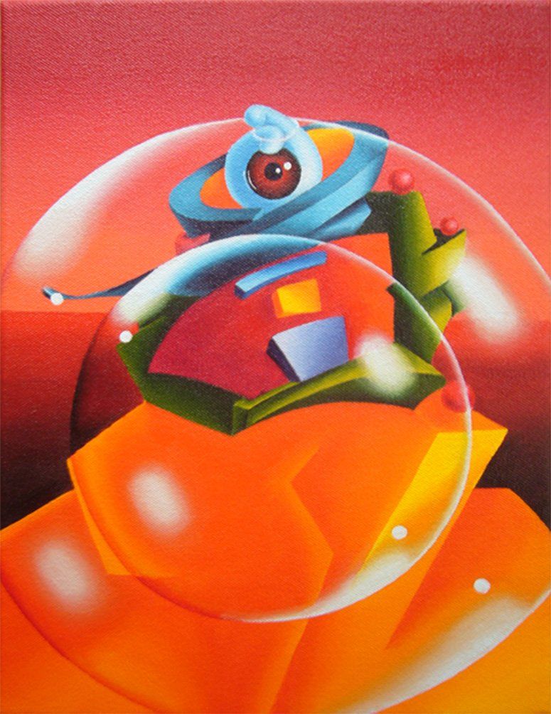 Kleinformatiges Bild mit farbenfrohen dreidimensional wirkenden Formen die an einen dicken Menschen erinnern mit nur einen Augapfel anstatt zwei Augen, mit Acrylfarbe auf Leinwand. Gemälde der Künstlerin Benita von Wendt.