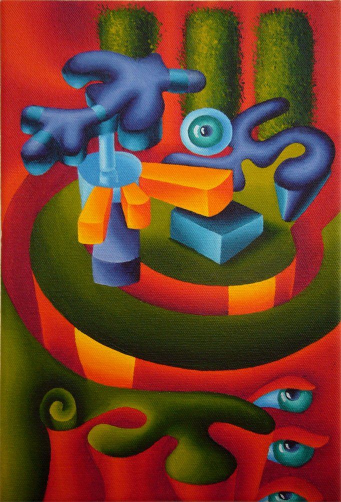 Abstrahiertes keinformatiges Bild in rot-, blau- und Grüntonen, mit Acrylfarbe auf Leinwand. Gemälde der Künstlerin Benita von Wendt.