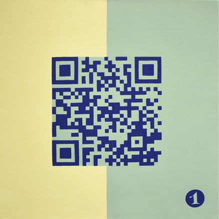 Dunkelblauer QR-Code auf gelb und grünem Hintergrund, der mit einem Animierten Text verlinkt ist, der von der Demokratie handelt.