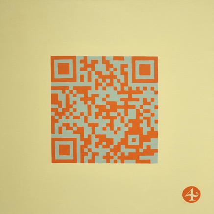 Orangener QR-Code auf gelb und grünem Hintergrund, der mit einem Animierten Text verlinkt ist, der von der Demokratie handelt.