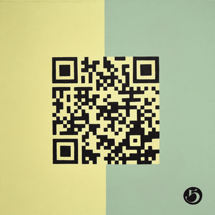 Dunkelblauer QR-Code auf gelb und grünem Hintergrund, der mit einem Animierten Text verlinkt ist, der von der Demokratie handelt .