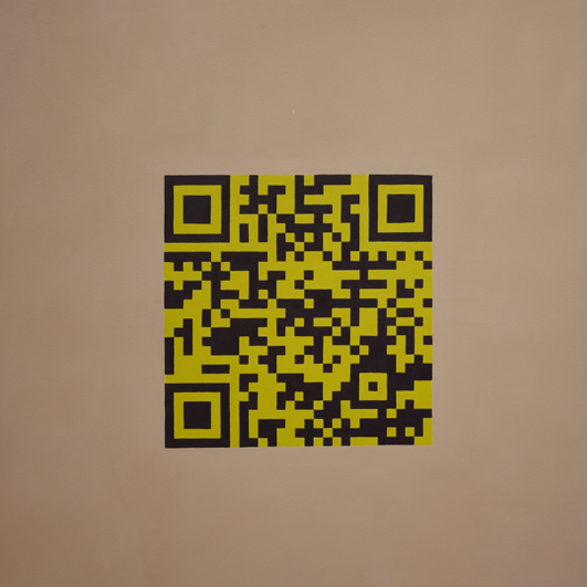 Fast schwarzer  QR-Code auf grauem und hellgrünem Hintergrund, der mit einem Animierten Text verlinkt ist.