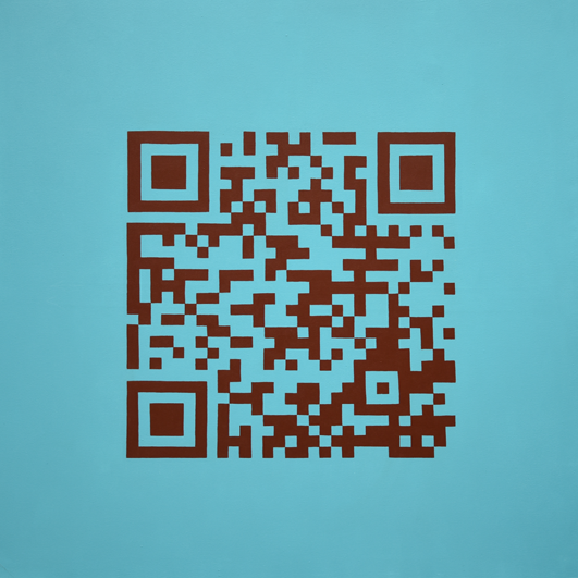 Dunkelbrauner QR-Code auf hellblauem Hintergrund, der mit einem Animierten Text verlinkt ist.