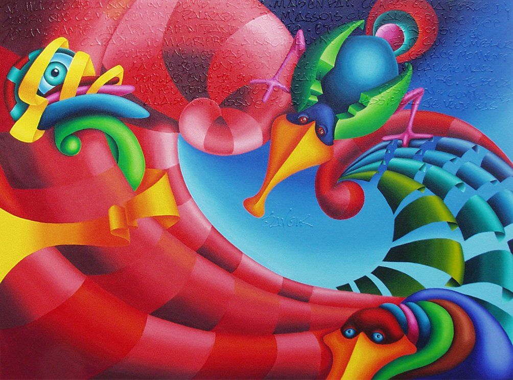 Zwei comichafte Vögel die Auf einem wellartigen Gebilde sitzen und den betrachter anschauen, links im Bild ein Augapfel der auch den Betrachter anschaut. Farbenfrohes Bild der Künstlerin Benita von Wendt. Gemalt mit Acrylfarben auf Leinwand.