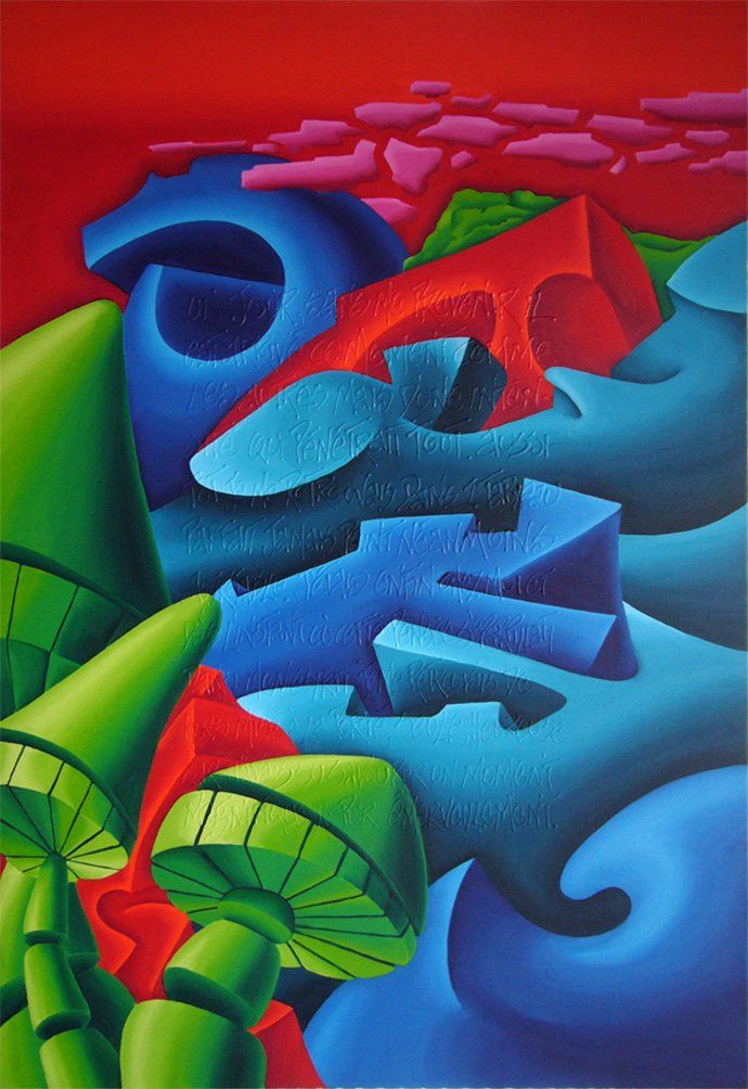 Abstrahierte Landschaft mit blauen und türkisen Formen. Links vorne drei grosse grüne Pilze, im Hintergrund ein roter Himmel. Farbenfrohes Bild der Künstlerin Benita von Wendt. Gemalt mit Acrylfarben auf Leinwand.