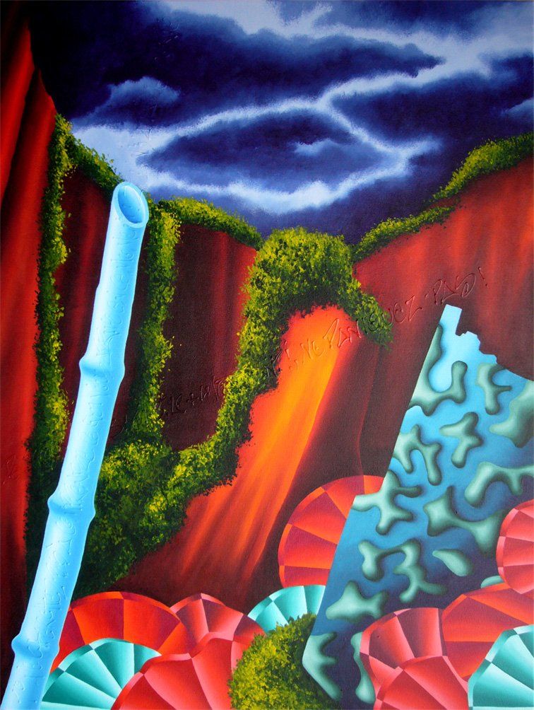 Abstrahierte Landschaft mit bunten Holzstücken und einem hellblauenBambusstab links im Bild. Farbenfrohes Bild der Künstlerin Benita von Wendt. Gemalt mit Acrylfarben auf Leinwand.