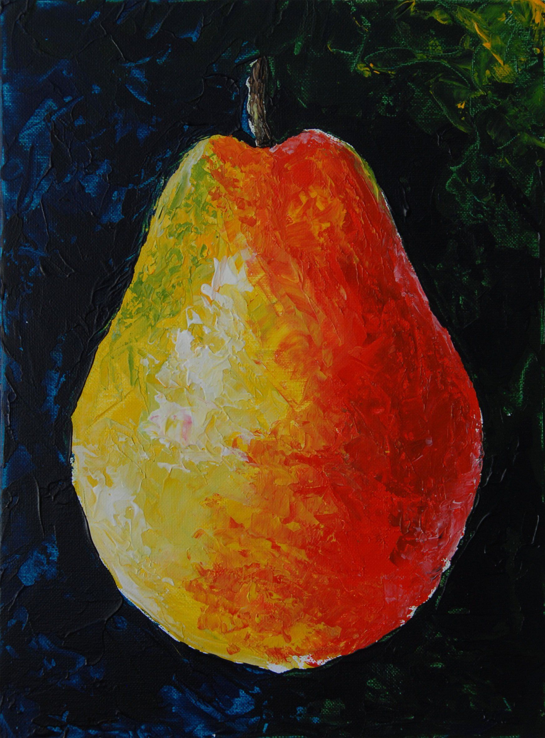 Das Foto zeigt eine Birne, die in den Seminaren von Benita von Wendt  mit Acryl auf Leinwand gespachtelt wurde.