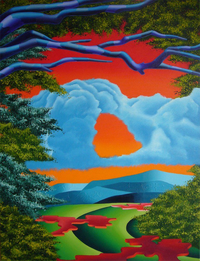 Einen Weg der aus einem Hain herausführt und den Blick auf eine Wiese öffnet, im Hintergrund blaue Hügel und ein tief orangener Himmel. Farbenfrohes Bild der Künstlerin Benita von Wendt. Gemalt mit Acrylfarben auf Leinwand.