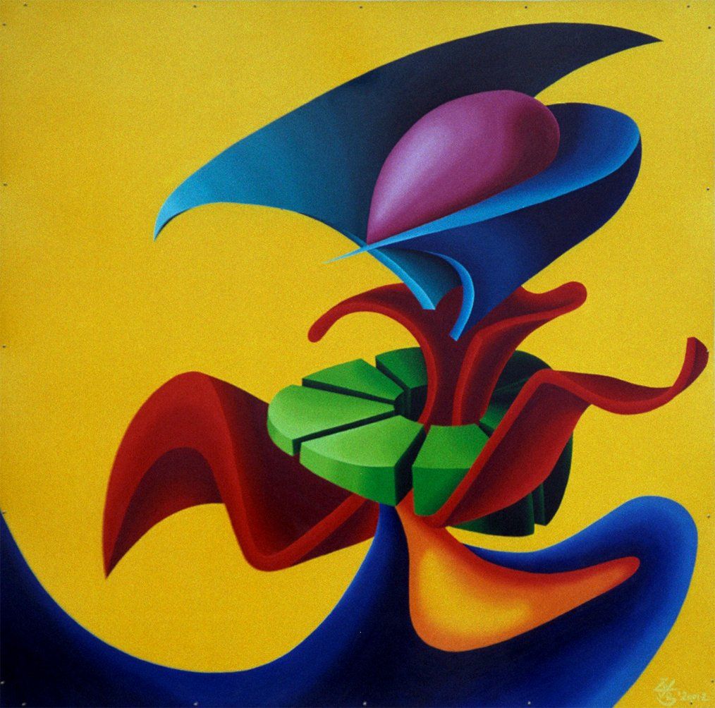 Abstraktes Bild mit farbenfrohen Formen der Künstlerin Benita von Wendt, das an eine Frau mit Halskrause erinnert. Gemalt mit Acrylfarben auf Leinwand.