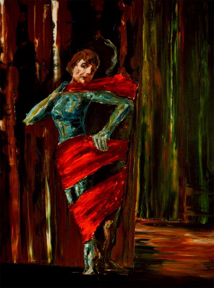 Eine Arbeit der Künstlerin Benita von Wendt. Gemalt mit Öl und Spachtel auf Leinwand. Titel: Cassé. Düstere Atmosphäre. Portrait einer stehenden Frau die mit einem breiten Stoffband an eine Schattenform die an einen Mann erinnert gefesselt ist, sie greift an ihren Hals um das Band zu lösen.