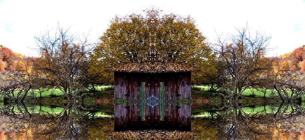 Fotografie der Künstlerin Benita von Wendt. Titel: Catweazles Inn. Die Fotografie besteht aus einer Fotomontage, durch Spiegelungen entsteht eine völlig neue Landschaft mit einem schiefen Gartenhaus mitten in der Natur.