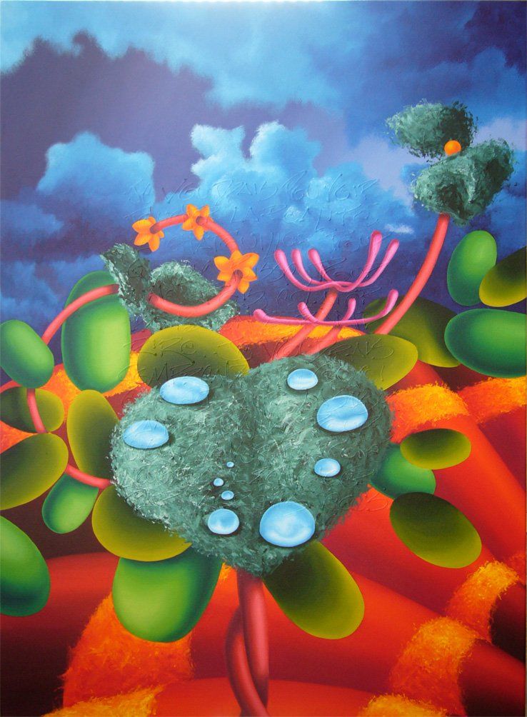 Abstrahierte Landschaft mit einem Geisblattblatt auf dem Tauperlen gemalt sind. Farbenfrohes Bild der Künstlerin Benita von Wendt. Gemalt mit Acrylfarben auf Leinwand.