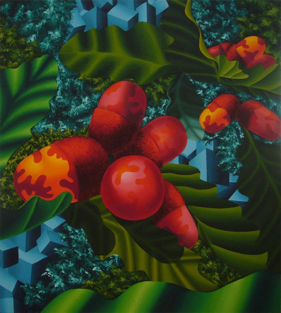 Abstrahiertes grünes Eichenlaub mit Orange-roten Eicheln. Im Hintergrund türkise geometrische Formen. Farbenfrohes Bild der Künstlerin Benita von Wendt. Gemalt mit Acrylfarben auf Leinwand.