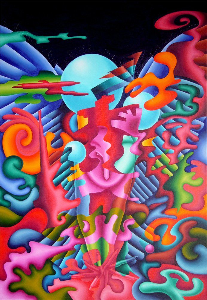 Abstrahiertes Bild, mit bunten geometrischen Formen im Hintergrund. Eine Form die eine Eule darstellt ist nur durch Licht und Schatten ihres Körpers zu erkennen und verschmilzt mit dem bunten Hintergrund, gemalt mit Acryl auf Leinwand. Gemälde der Künstlerin Benita von Wendt.