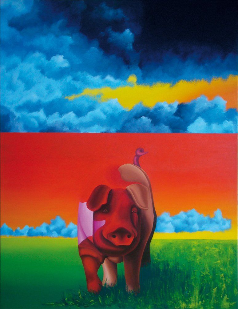 Pink, braun, rotes fröhliches Schwein das auf den Betrachter zuläuft, im Hintergrund eine Wiese und ein roter Himmel mit Wolken. Farbenfrohes Bild der Künstlerin Benita von Wendt. Gemalt mit Acryl- und Vinylfarben auf Leinwand.