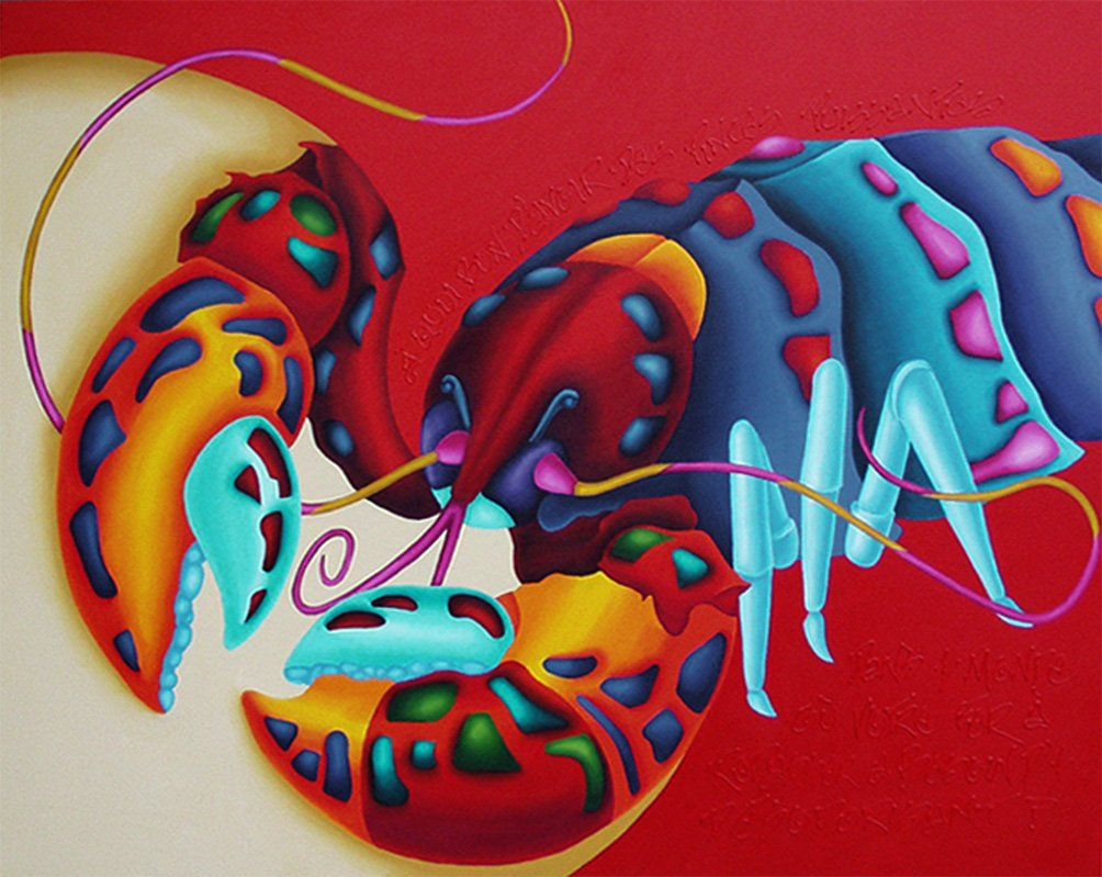 Ein Tier das einem Hummer ähnelt mit sehr großen bunten scheren auf beige-rotem Hintergrund. Farbenfrohes Bild der Künstlerin Benita von Wendt. Gemalt mit Acrylfarben auf Leinwand.