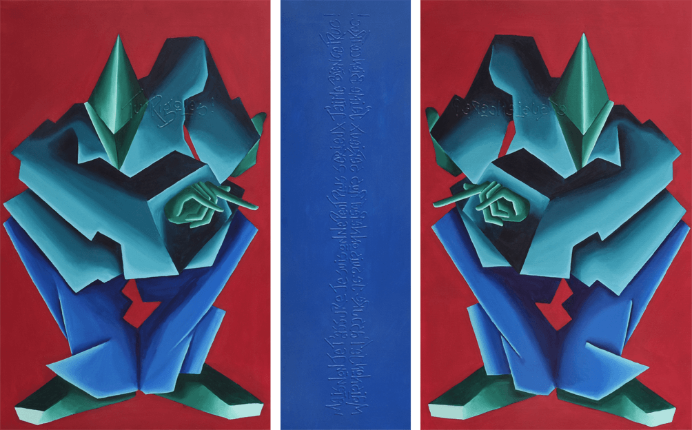 2 abstrahierte Menschen zeigen in die Mitte des Bildes. Abstrahiertes farbenfrohes Bild der Künstlerin Benita von Wendt. Gemalt mit Acrylfarbe auf Leinwand.