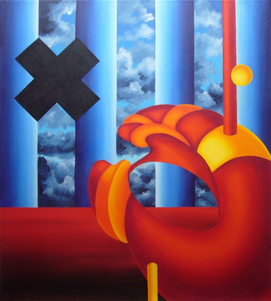 Abstrakte farbenfrohe Arbeit der Künstlerin Benita von Wendt, gemalt mit Acrylfarben auf Leinwand. Titel: Croissant rouge.