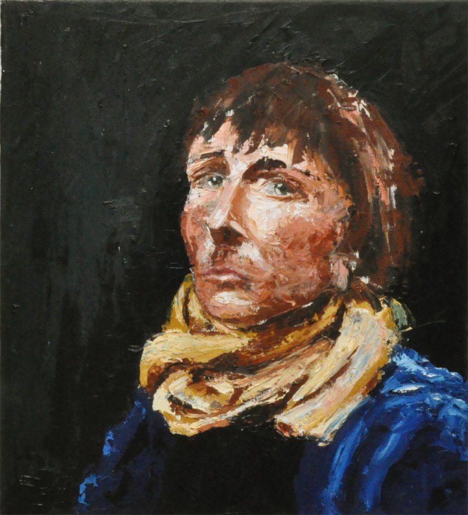 Eine Arbeit der Künstlerin Benita von Wendt. Gemalt mit Öl und Spachtel auf Leinwand. Titel: Decue. Portrait einer Frau die den Betrachter fragend anschaut, es sind nur die Schultern und der Kopf zu sehen, das Portrait ist in dunkelen Farben gehalten.