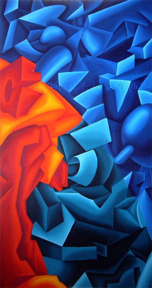 1 abstrahierter roter Mensche vor einer abstrahiertem blauen Hintergrund. Abstrahiertes farbenfrohes Bild der Künstlerin Benita von Wendt. Gemalt mit Acryfarbe auf Leinwand.