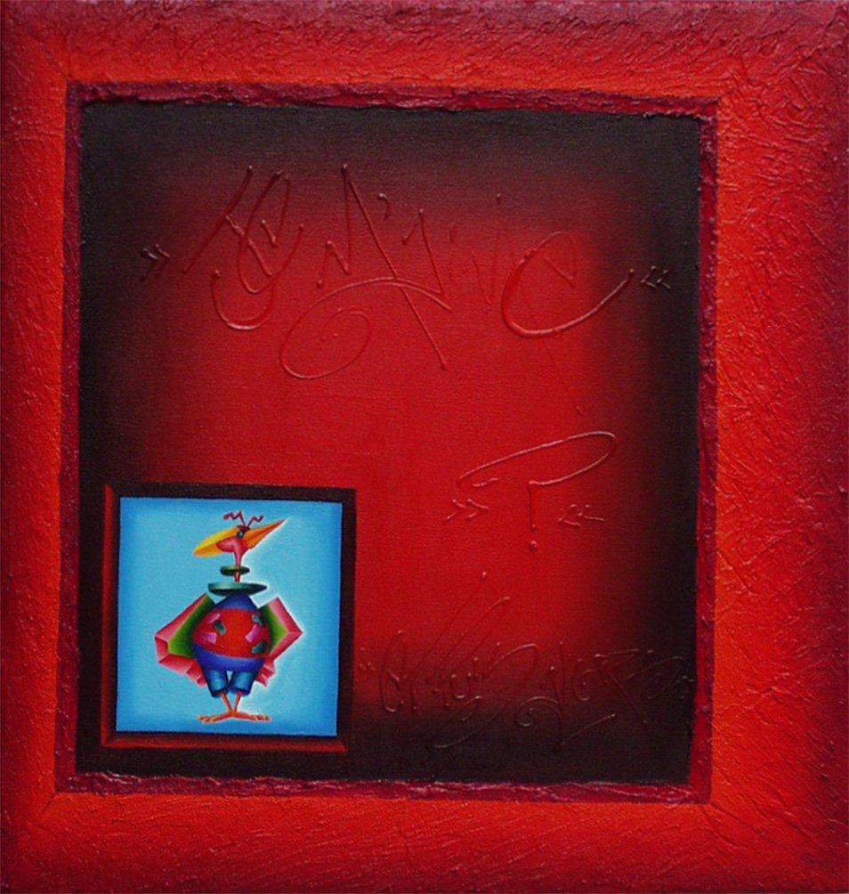 Ein kleiner stolzer comichafter Vogel in der linken Ecke des Bildes. Auf den roten Hintergrund ist ein roter Rahmen aufgemalt. Farbenfrohes Bild der Künstlerin Benita von Wendt. Gemalt mit Acrylfarben auf Leinwand.