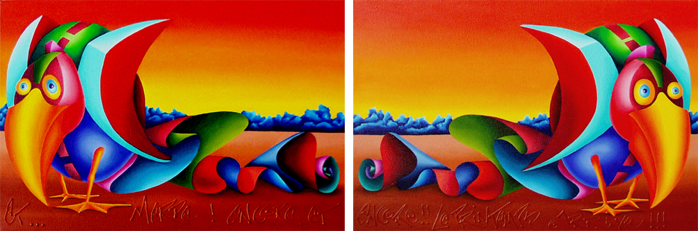 2 comichafte Vögel die die mit dem Rücken zueinander stehen und nicht glücklich aussehen. Farbenfrohes Bild der Künstlerin Benita von Wendt. Gemalt mit Acrylfarben auf Leinwand.