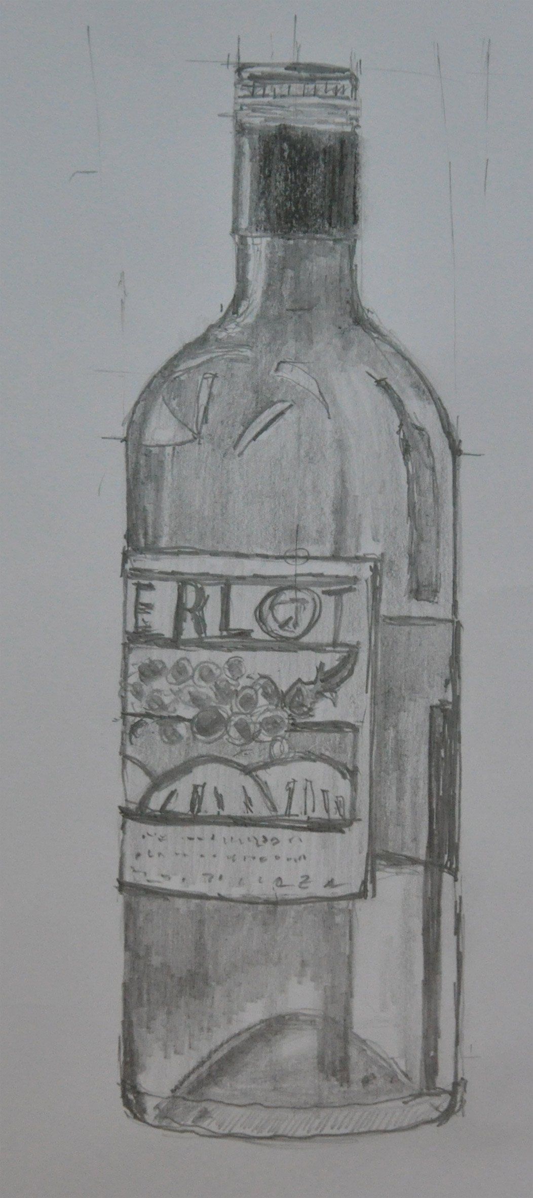 Das Foto zeigt eine Flasche, die in den Seminaren von Benita von Wendt mit Bleistift auf Papier gezeichnet wurde.