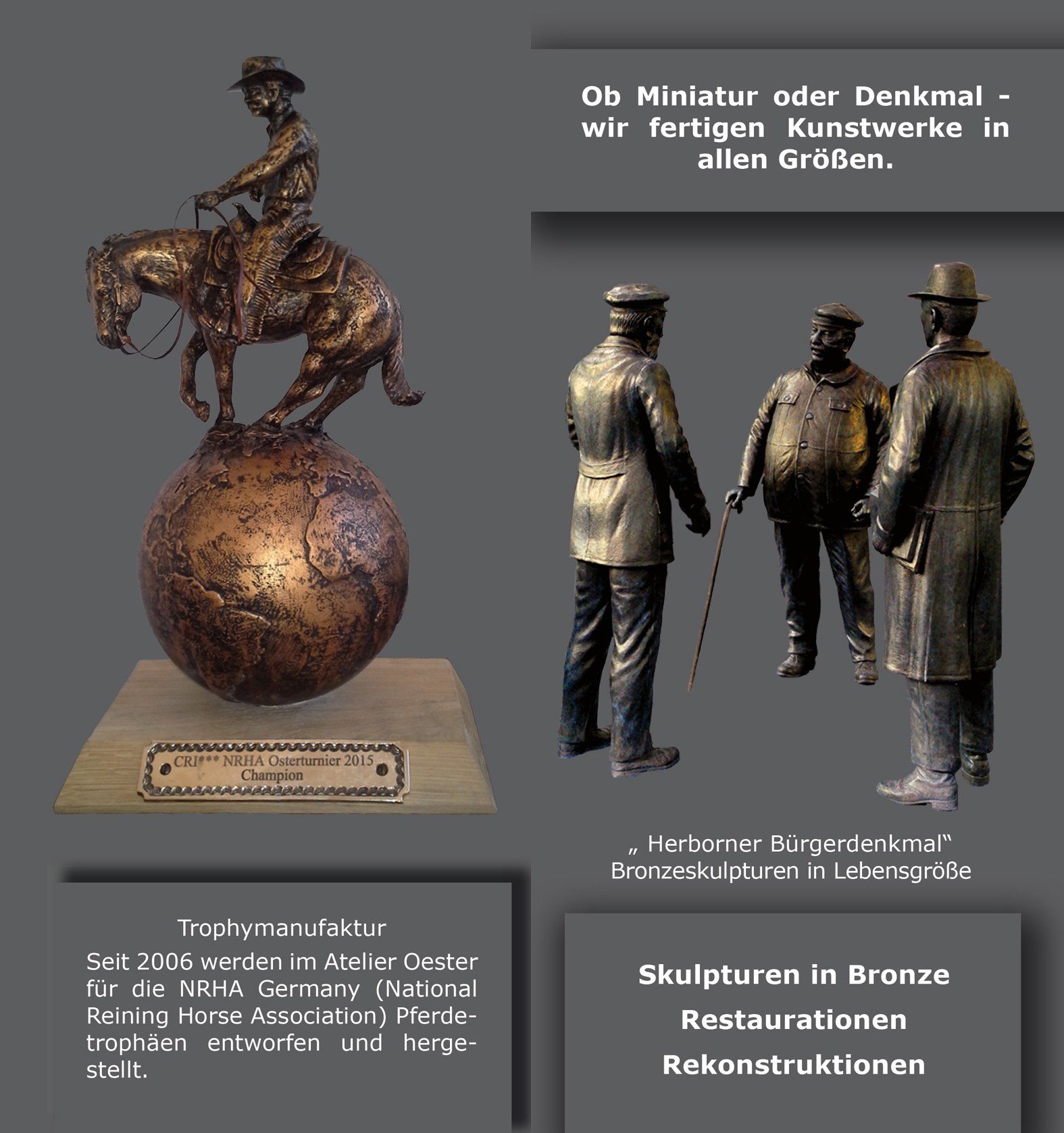 Das Bild zeigt die Innenseite halb aufgeschlagen des Folders des Bilhauerateliers Christoph Oester.