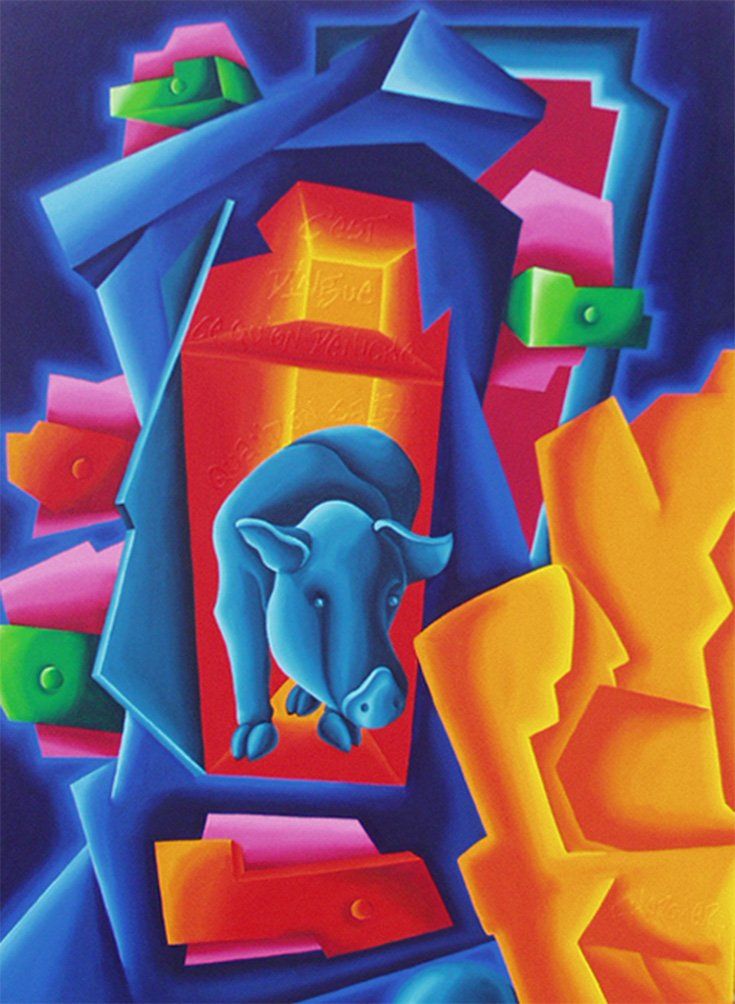 Abstrahiertes Bild mit einem blauen Schwein das in einem Schrank mit offenen Schubladen steht und den Betrachter anschaut. Farbenfrohes Bild der Künstlerin Benita von Wendt. Gemalt mit Acryfarben auf Leinwand.