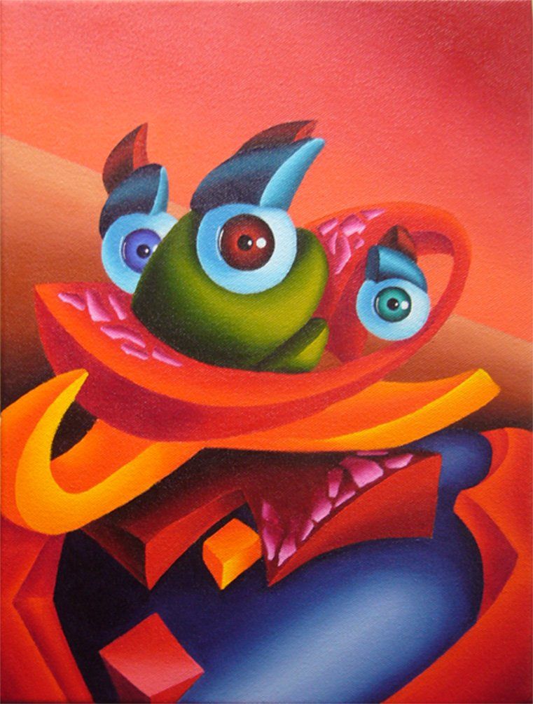 Kleinformatiges Bild mit farbenfrohen dreidimensional wirkenden Formen die an Froschmänner erinnern und nur einen Aufapfel anstatt zwei Augen haben, mit Acrylfarbe auf Leinwand. Gemälde der Künstlerin Benita von Wendt.