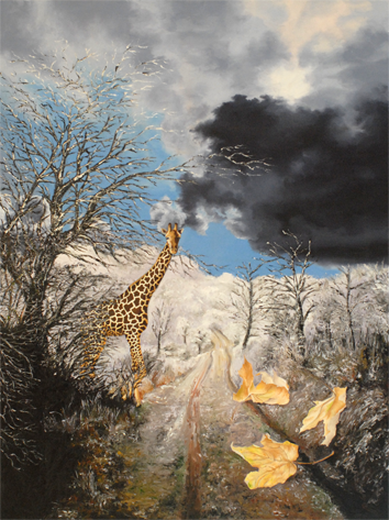 Gegenständliches Bild der Künstlerin Benita von Wendt. Titel: Giraffe. Winterlandschaft mit Schnee, im Vordergrund ein Weg der zum Horizont führt, 3 Ahornblätter schweben in der Luft, rechts und links vom Weg Gebüsch und Bäume. Links im Bild sieht man eine Giraffe die aus dem Gebüsch heraus kommt. Gemalt mit Acryl- und Ölfarben auf Leinwand.