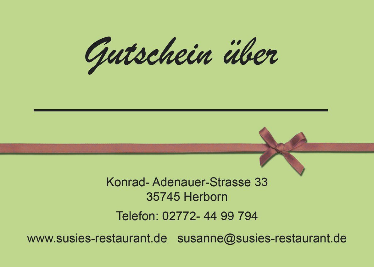 Das Bild zeigt die Rückseite des Gutscheins von Susi's Restaurant.