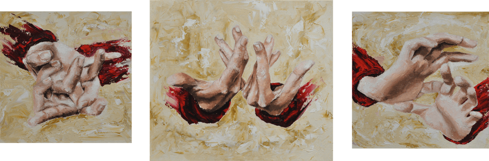 Eine Arbeit in Öl auf Leinwand der Künstlerin Benita von Wendt. Titel: Hände beige. Drei Leinwände auf denen auf beigem Hintergrund jeweils die Rechte und die Linke Hand in verschiedenen ausdrucksstarken Positionen zu sehen sind.