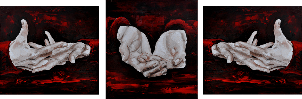 Eine Arbeit in Öl auf Leinwand der Künstlerin Benita von Wendt. Titel: Hände rot. Drei Leinwände auf denen auf dunkelrotem Hintergrund jeweils die Rechte und die Linke Hand in verschiedenen ausdrucksstarken Positionen zu sehen sind.
