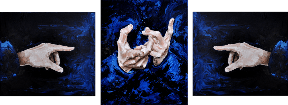 Eine Arbeit in Öl auf Leinwand der Künstlerin Benita von Wendt. Titel: Hände blau. Drei Leinwände auf denen auf dunkelblauem Hintergrund jeweils die Rechte und die Linke Hand in verschiedenen ausdrucksstarken Positionen zu sehen sind.