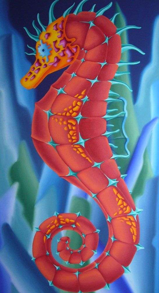 Rotes Seepferdchen. Farbenfrohes Bild der Künstlerin Benita von Wendt. Gemalt mit Acryl- und Vinylfarben auf Leinwand.