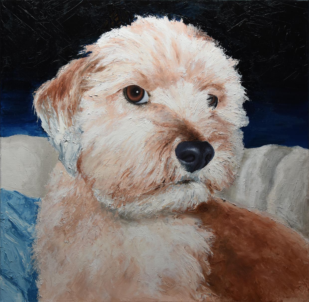Portrait gemalt von Benita von Wendt, von einem Tibetterrier, Öl- und Avrylfarbe auf Leinwand