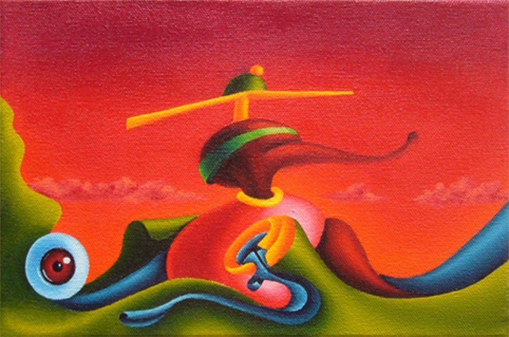 Kleinformatiges Bild mit farbenfrohen dreidimensional wirkenden Formen die an ein Wesen mit einem Propeller auf dem erinnert, links ist ein freundlich schauender Augapfel zu sehen, mit Acrylfarbe auf Leinwand. Gemälde der Künstlerin Benita von Wendt.
