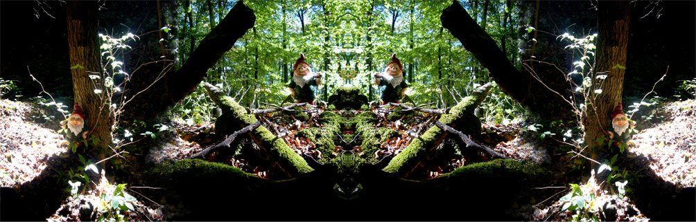 Fotomontage der Künstlerin Benita von Wendt. Titel: Kelch. Die Fotografie zeigt 4 identische Gartenzwerge, die im Wald in Szene gesetzt sind, es scheint als ob in ihrer Mitte ein riesiger Kelch stünde.