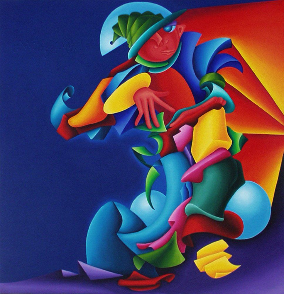 Ein Mann sitzt auf einem Thron. Abstrahiertes farbenfrohes Bild der Künstlerin Benita von Wendt.  gemalt mit Acrylfarben auf Leinwand.