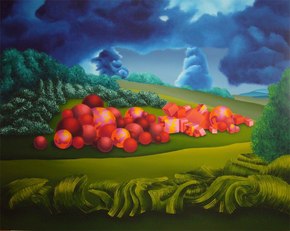 Abstrahierte Landschaft mit einem Himmel mit Gewitterwolken. In der Bildmitte ein Haufen von bunten Kugeln und Quadern die Gebüsch darstellen. Farbenfrohes Bild der Künstlerin Benita von Wendt. Gemalt mit Acrylfarben auf Leinwand.