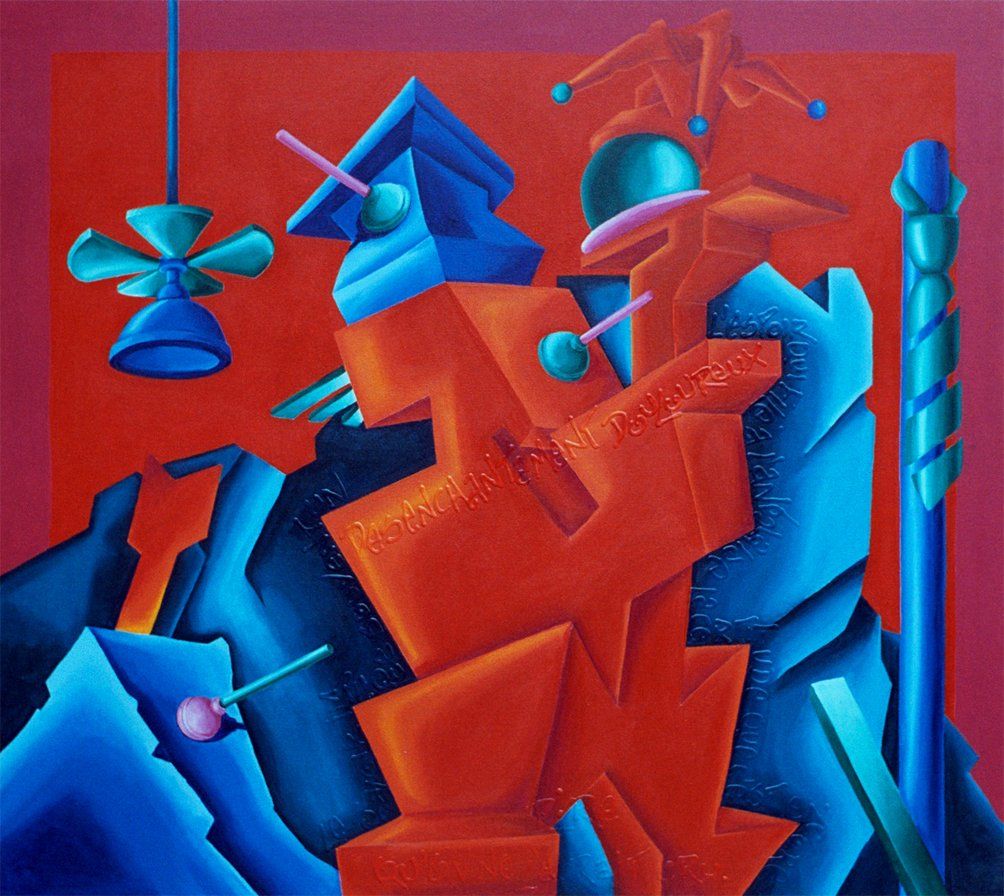 1 abstrahierter roter Mensche vor einer abstrahierten blauen Landschaft. Abstrahiertes farbenfrohes Bild der Künstlerin Benita von Wendt. Gemalt mit Acryfarbe auf Leinwand.