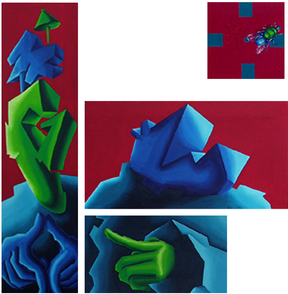 2 abstrahierte Menschen die naach rechts oben auf eine große Fliege sachauen. Abstrahiertes farbenfrohes Bild der Künstlerin Benita von Wendt. Gemalt mit Acryfarbe auf Leinwand.