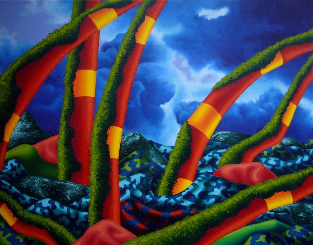 Rot-orange mit Moos bewachsene Baumstämme die aus welligen bunten Flüssigkeit herausragen, im Hintergrund ein Himmel mit dicken Wolken . Farbenfrohes Bild der Künstlerin Benita von Wendt. Gemalt mit Acrylfarben auf Leinwand.