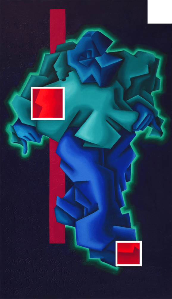 1 abstrahierter Mensche vor dunklem Hintergrund. Abstrahiertes farbenfrohes Bild der Künstlerin Benita von Wendt. Gemalt mit Acryfarbe auf Leinwand.