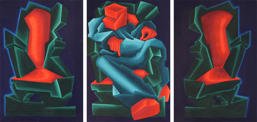 3 Stühle in der Mitte sitzt 1 abstrahierter Mensch. Abstrahiertes farbenfrohes Bild der Künstlerin Benita von Wendt. Gemalt mit Acrylfarbe auf Leinwand.