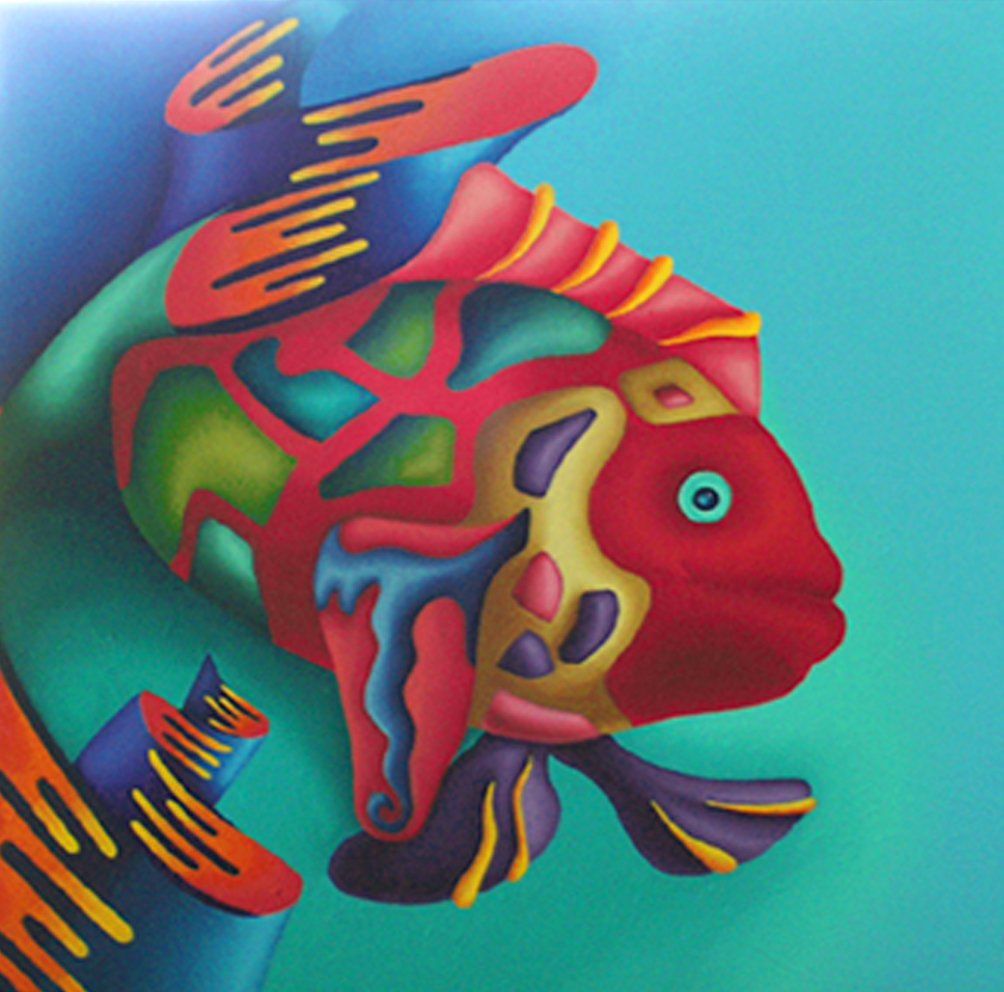 Abstrahiertes Bild mit einem sehr bunten großen Fisch mit langen Flossen. Farbenfrohes Bild der Künstlerin Benita von Wendt. Gemalt mit Acryfarben auf Leinwand.