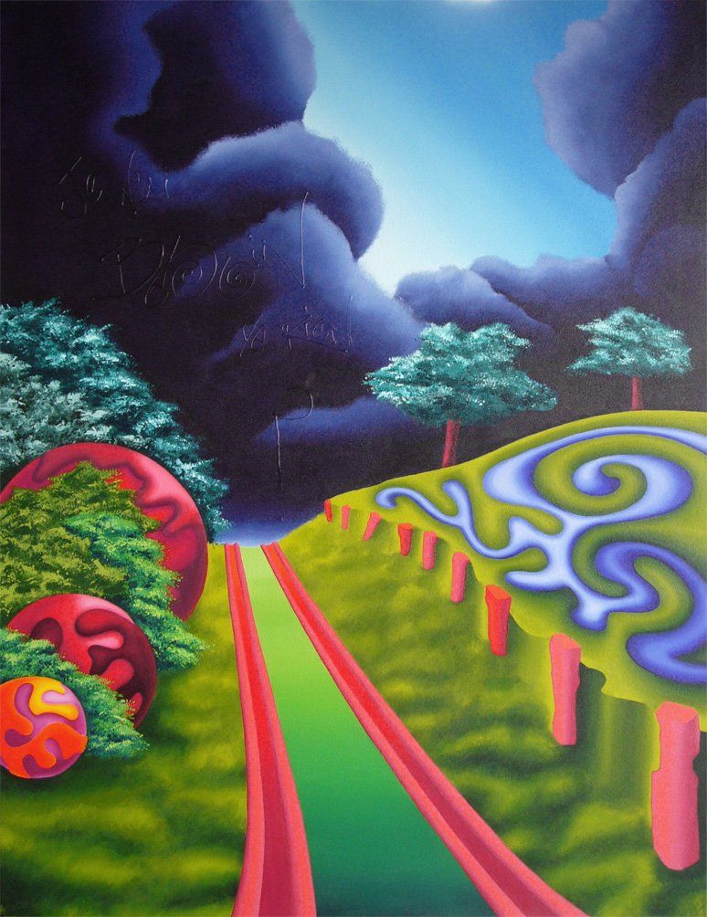 Ein Weg über einen Hügel, rechts stehen zwei Apfelbäume, links Gebüsch in dem auch große bunte Kugeln zu sehen sind. Farbenfrohes Bild der Künstlerin Benita von Wendt. Gemalt mit Acrylfarben auf Leinwand.