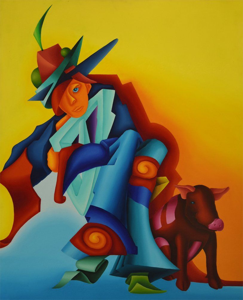 Eine Frau sitzt auf einem Stuhl daneben ein Schwein. Abstrahiertes farbenfrohes Bild der Künstlerin Benita von Wendt. Gemalt mit Acrylfarben auf Leinwand.