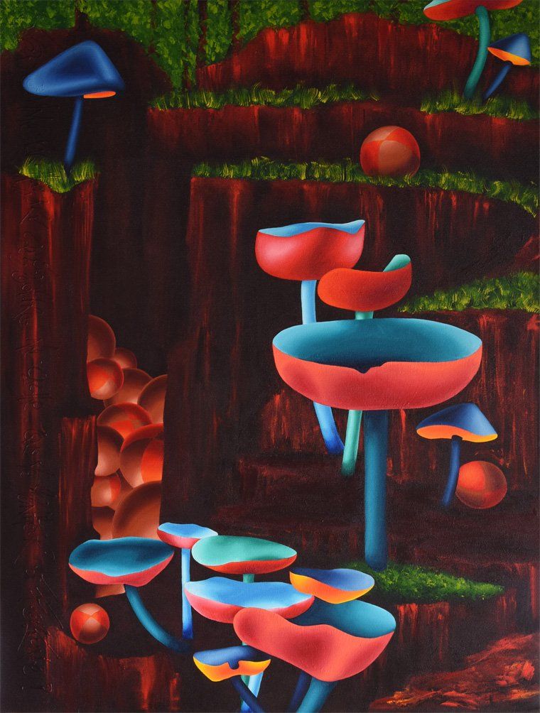 Abstrahierter dunkelbrauner Waldboden mit leuchtenden Pilzen und Braun-roten leuchtenden Kugeln die auf den Betrachter zufließen. Farbenfrohes Bild der Künstlerin Benita von Wendt. Gemalt mit Acrylfarben auf Leinwand.